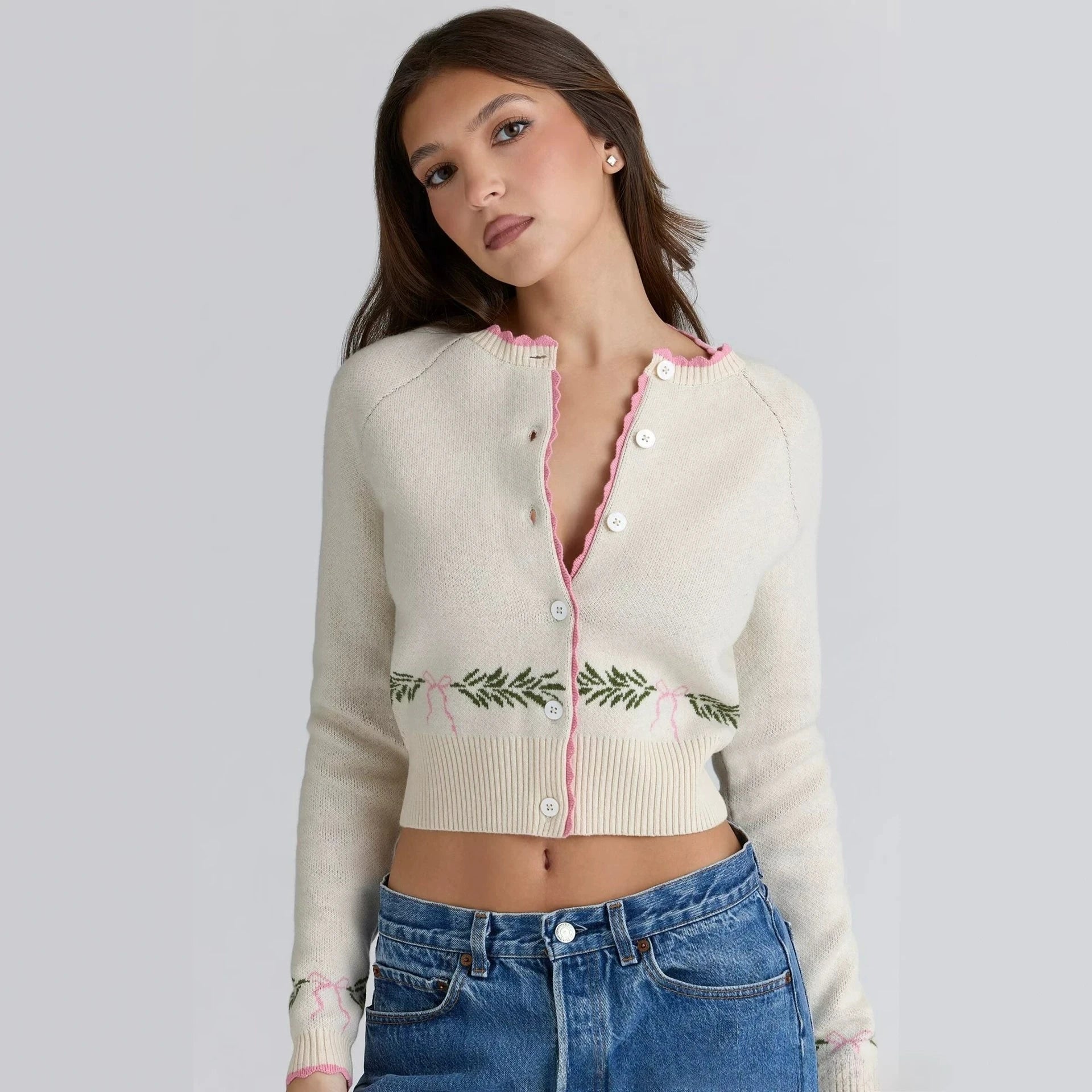 Women Sweater Cardigan Lovely Short Embroidered Sweaters O Neck Knitted Jumpers
