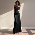 Retro Off Shoulder Satin Dress With Panel Back A Line Silhouette Long