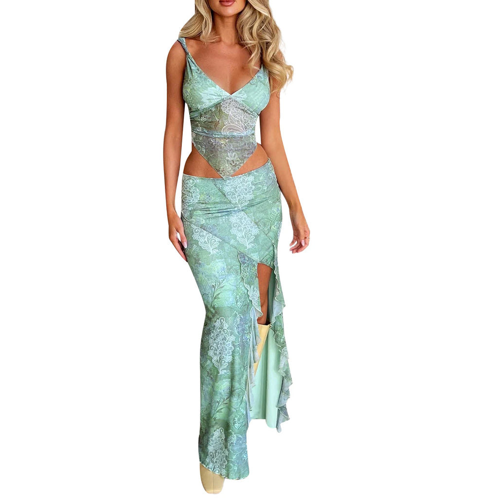 Two Piece Set Knit Print Cutout Crop Top With Bodycon Mini Skirt