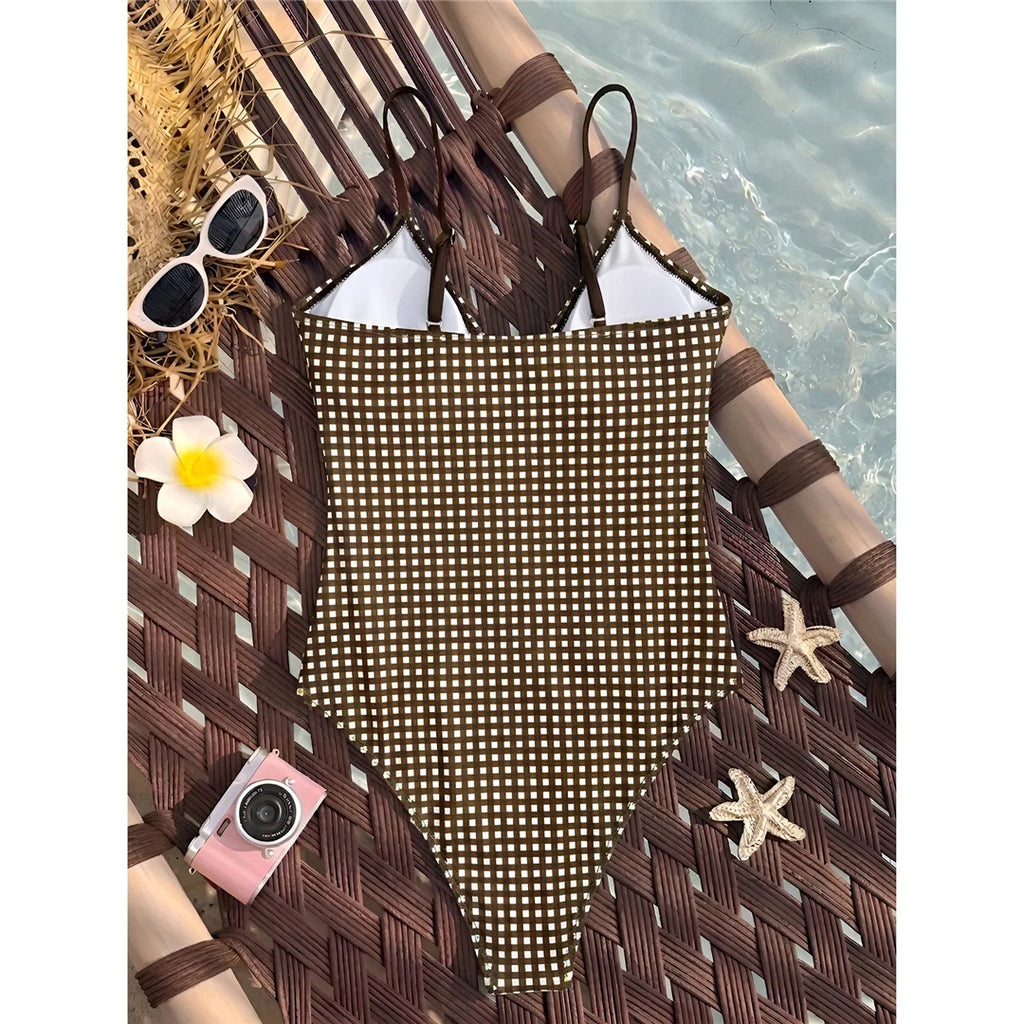 Striped Plaid V Neck  One Piece Swimsuit Female Frilled High Leg Cut Padded