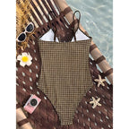 Striped Plaid V Neck  One Piece Swimsuit Female Frilled High Leg Cut Padded