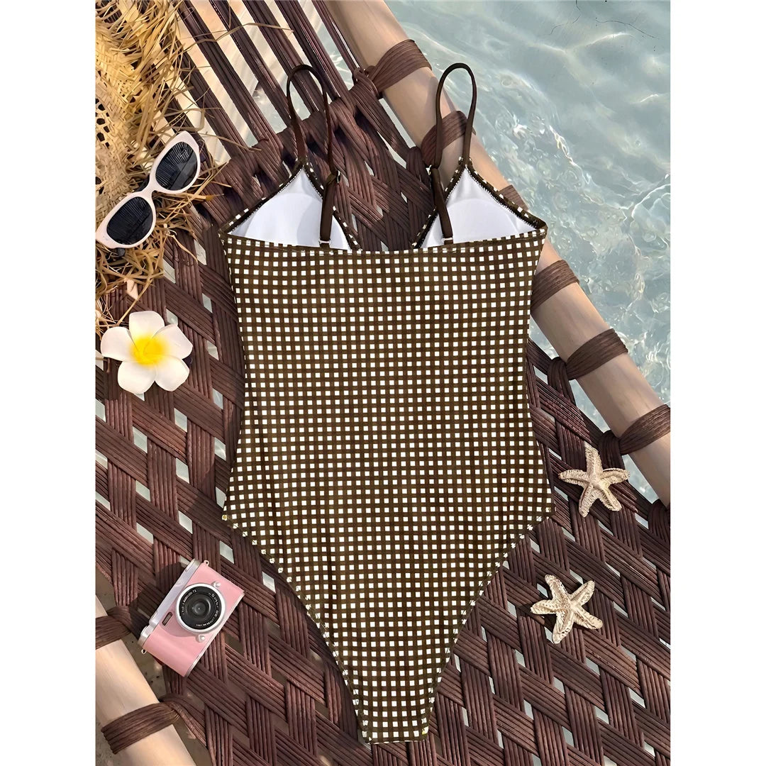 Striped Plaid V Neck  One Piece Swimsuit Female Frilled High Leg Cut Padded