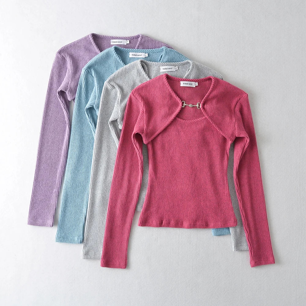 Crop T Shirt O neck Crop top Full Sleeve Chain Buckle Cape T-shirt Camis with Tee