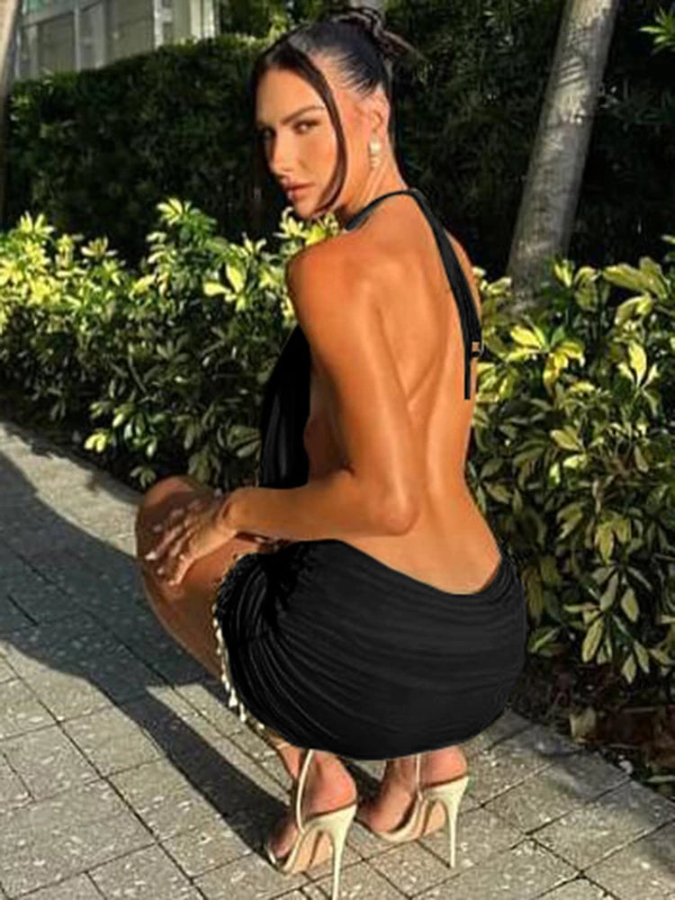 Patchwork Mesh Mini Dress With Lace-Up Halter Backless Tassel Detail