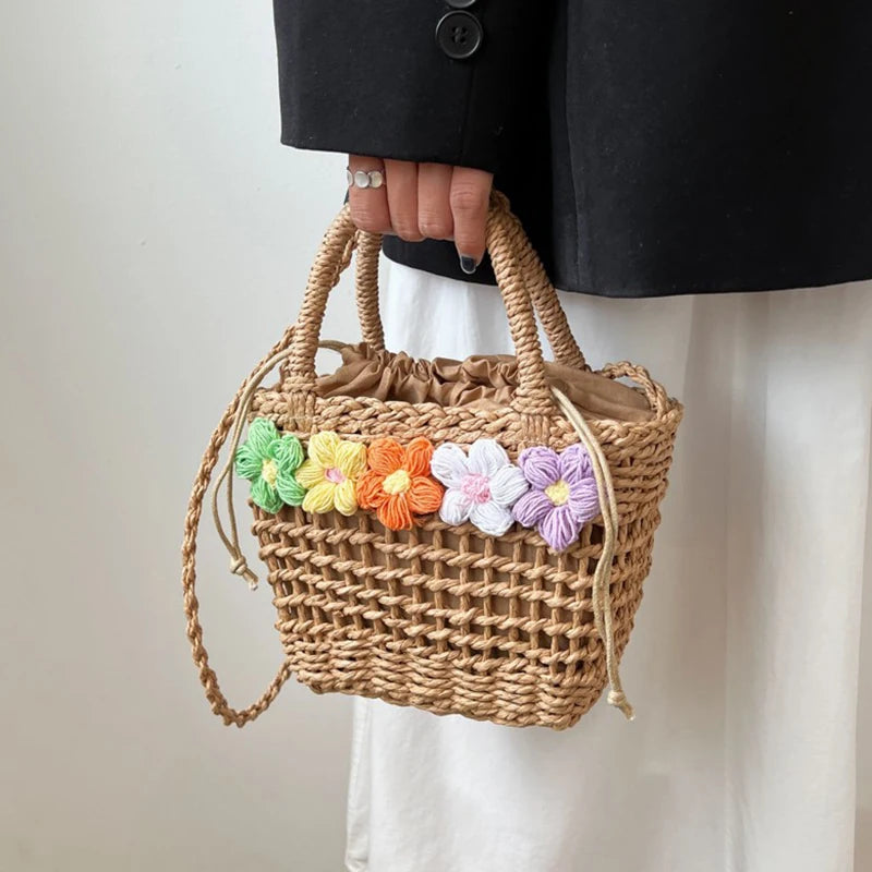 Straw Woven Shoulder Bag With Floral Details