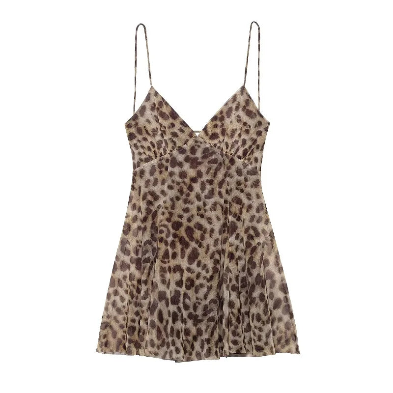 Leopard Print Tulle Slip Dress With Backless Draped