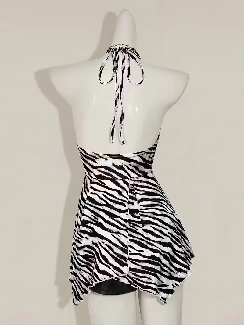 Zebra Print V Neck Backless Halter Top