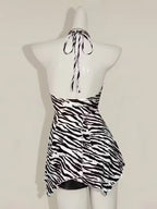 Zebra Print V Neck Backless Halter Top