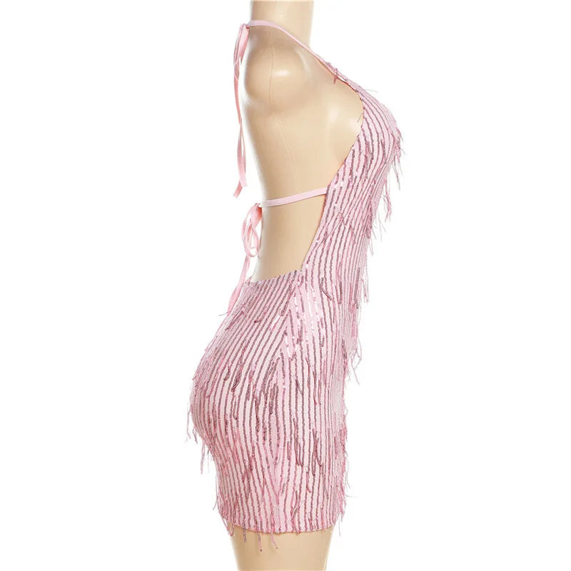 Gleaming Halter Neck Backless Sequin Tassel Party Dress