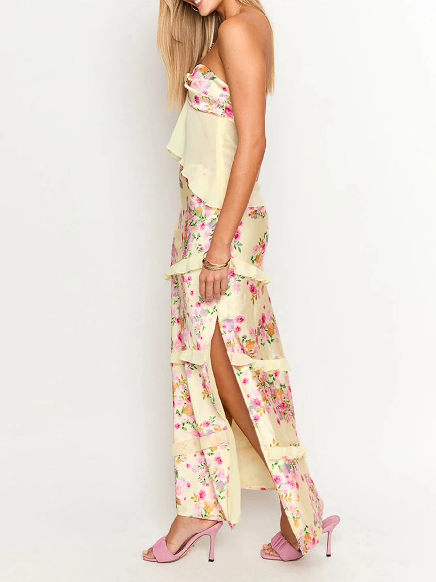 Off Shoulder Two Piece Tube Top And Layered Ruffle Maxi Skirt Set