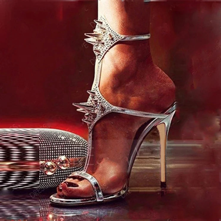 Glam Rhinestone Rivets Rhombus T Strap Sandals With Open Toe Spiked Straps For Evening Dress Heels