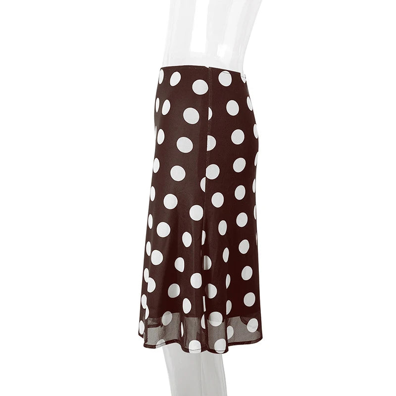 Polka Dot Satin Mesh Midi Skirt With High Waist A Line