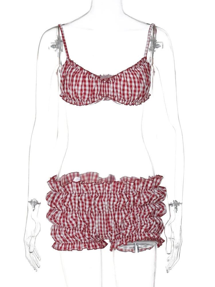 Stripe Two Piece Set With Elastic Camisole And Ruched Shorts l