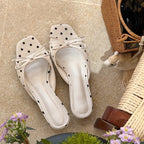 Elegant Polka Dot Satin Slippers With Square Toe And Butterfly Knot