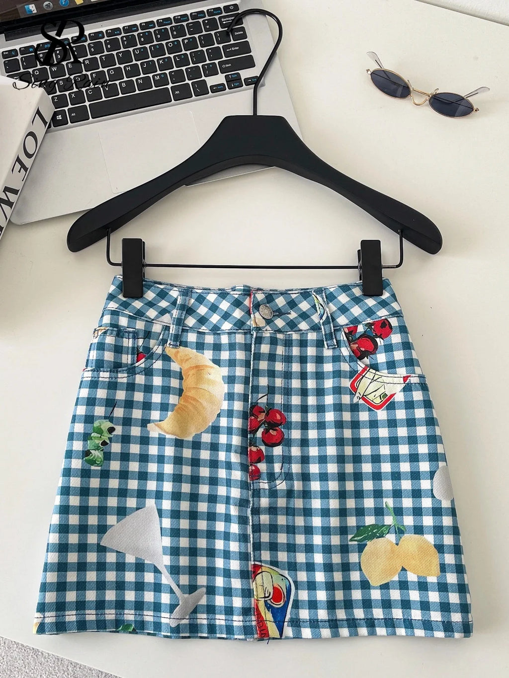 Retro Fruit Plaid Mini Skirt With Button Detail A Line