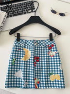 Retro Fruit Plaid Mini Skirt With Button Detail A Line
