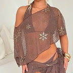 Sequins See Through One Shoulder Cover-ups Women Beaded Sheer Mesh Asymmetrical Shawl