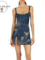 Beaded Navy And Gold Mini Evening Dress With Hand Embroidered Details And Thin Straps