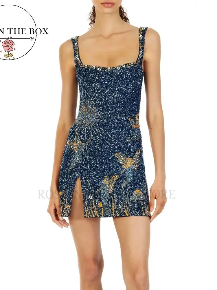 Beaded Navy And Gold Mini Evening Dress With Hand Embroidered Details And Thin Straps