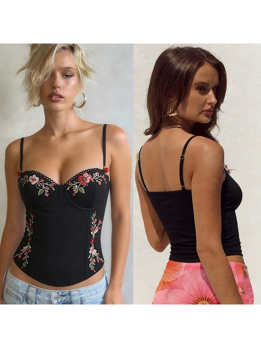 Floral Embroidered Slim Fit Spaghetti Strap Camisole Top