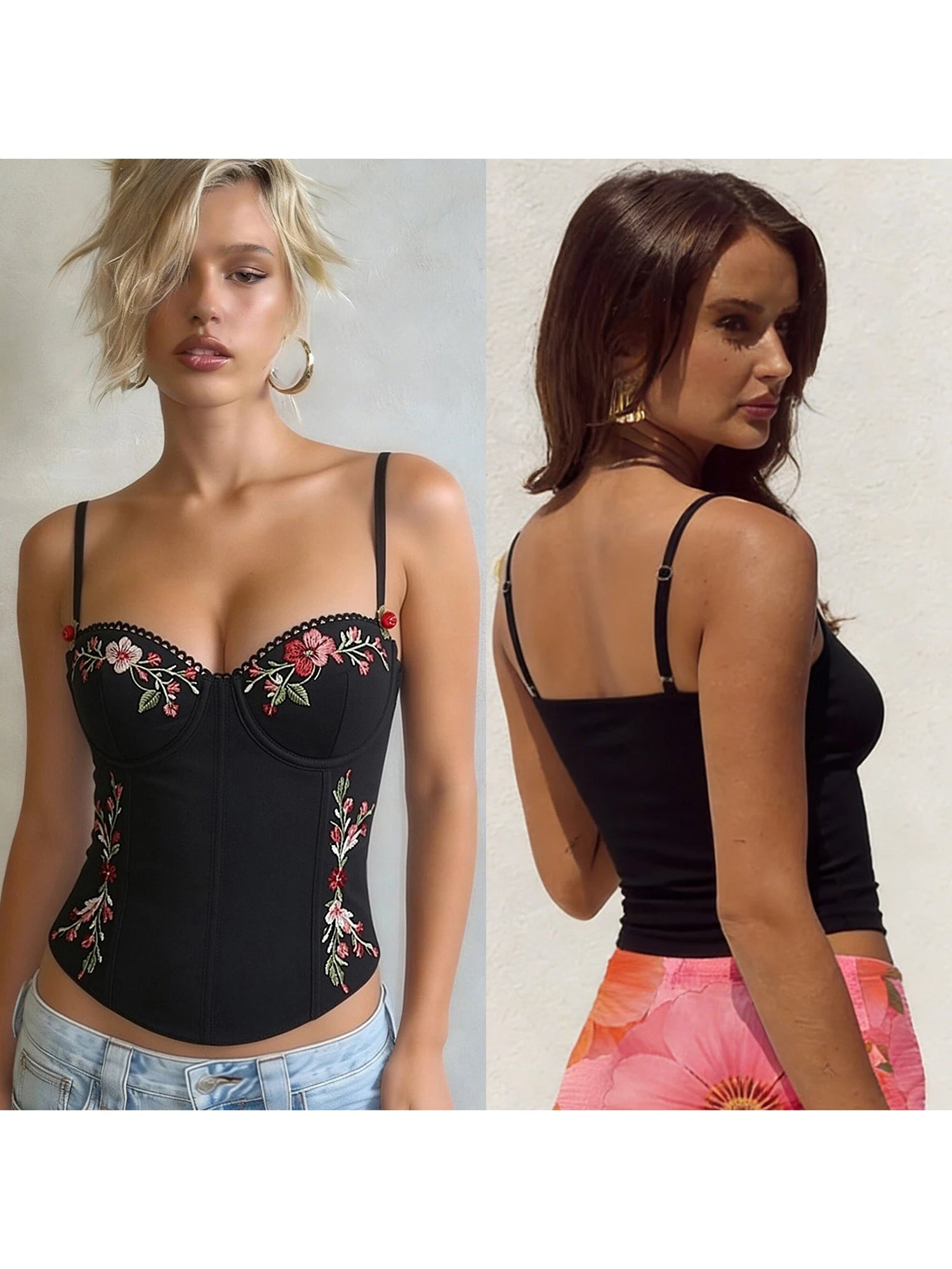 Floral Embroidered Slim Fit Spaghetti Strap Camisole Top