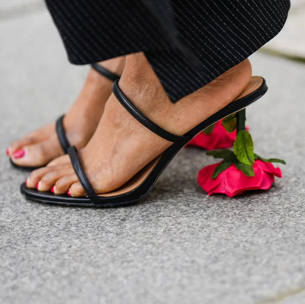 Open Toe Strappy Sandals With Rose Stem Heel Multicolor Leather Straps And Floral Accent