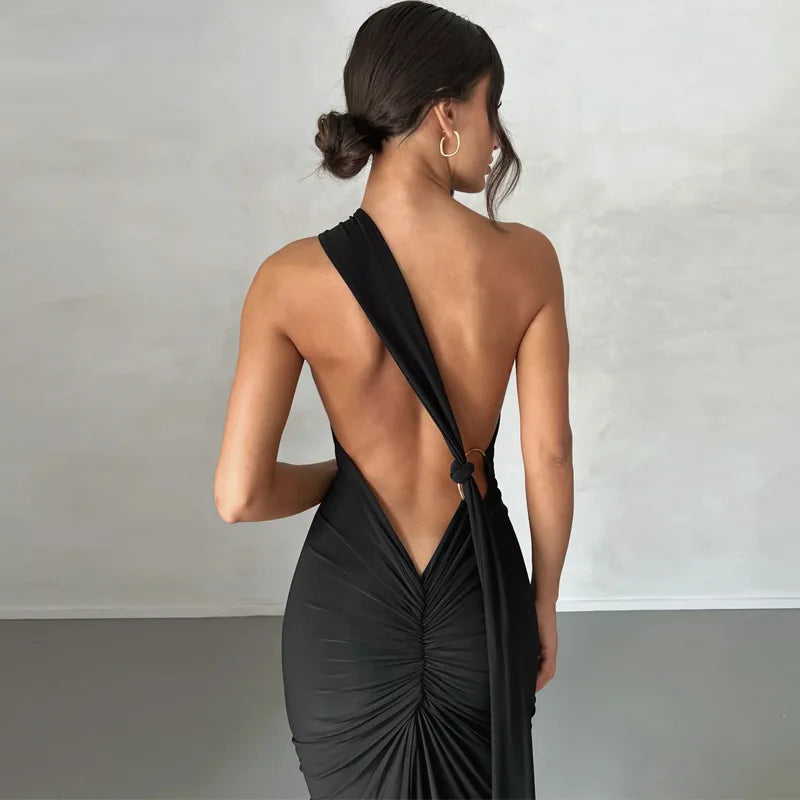 One Shoulder Backless Ruched Slim Long Dress