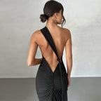 One Shoulder Backless Ruched Slim Long Dress