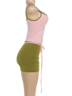 Patchwork Two Piece Set With Backless Camisole Top And Tassel Mini Skirt Y2K Vibe