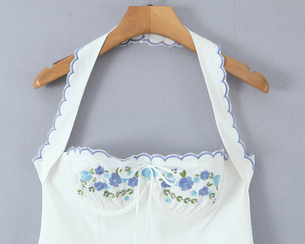 Backless Halter Embroidered White Dress For Women Elegant A Line Mini Dress