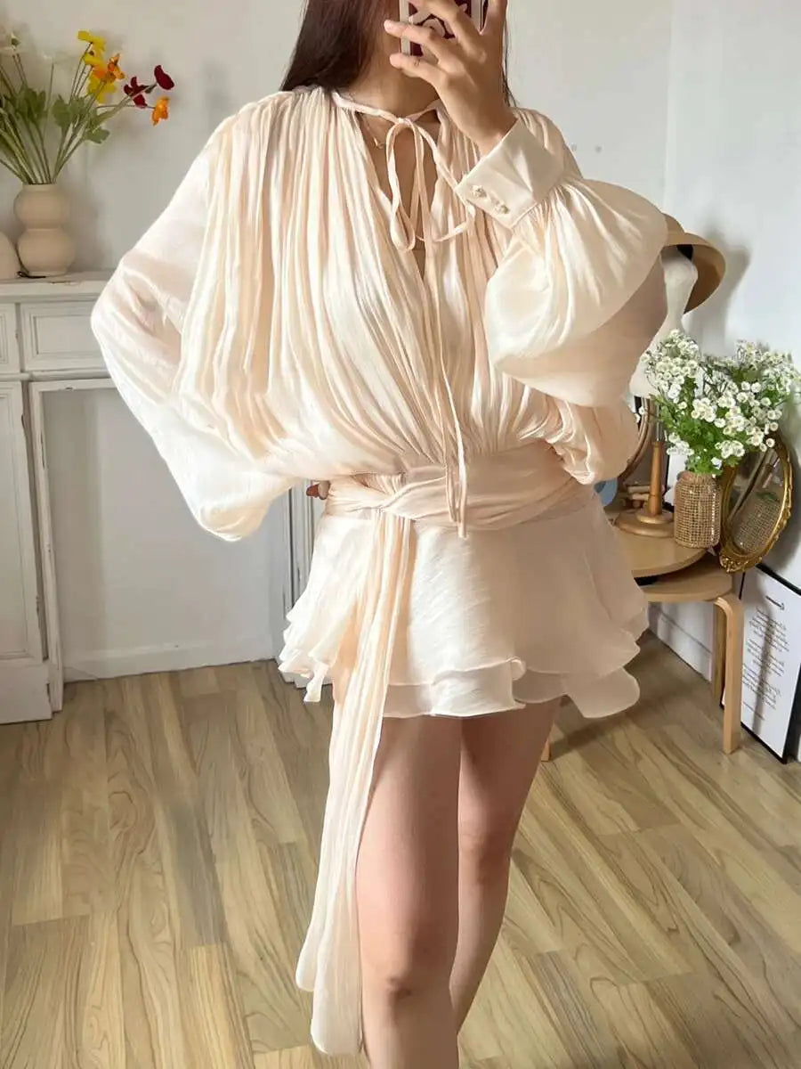 Lace Up V Neck Mini Dress For Women Long Sleeve