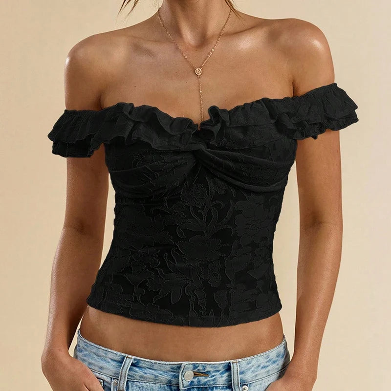 Flirty Sheer Lace Crop Top With Ruffle Trim Off Shoulder Twist