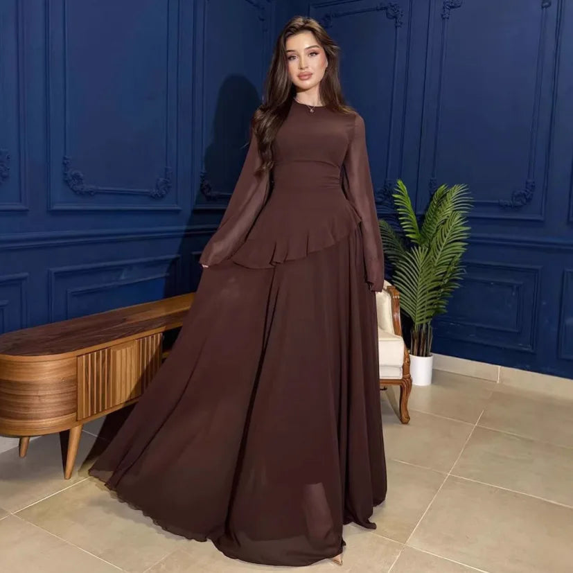 Flare Sleeve Maxi Dress With Ruffle Detail O Neck High Waist Pleated