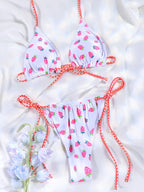 Floral Bow Pink Bikini Swimsuit For Women Low Waist Bandage Beachwear Chic Summer Bathing Suit