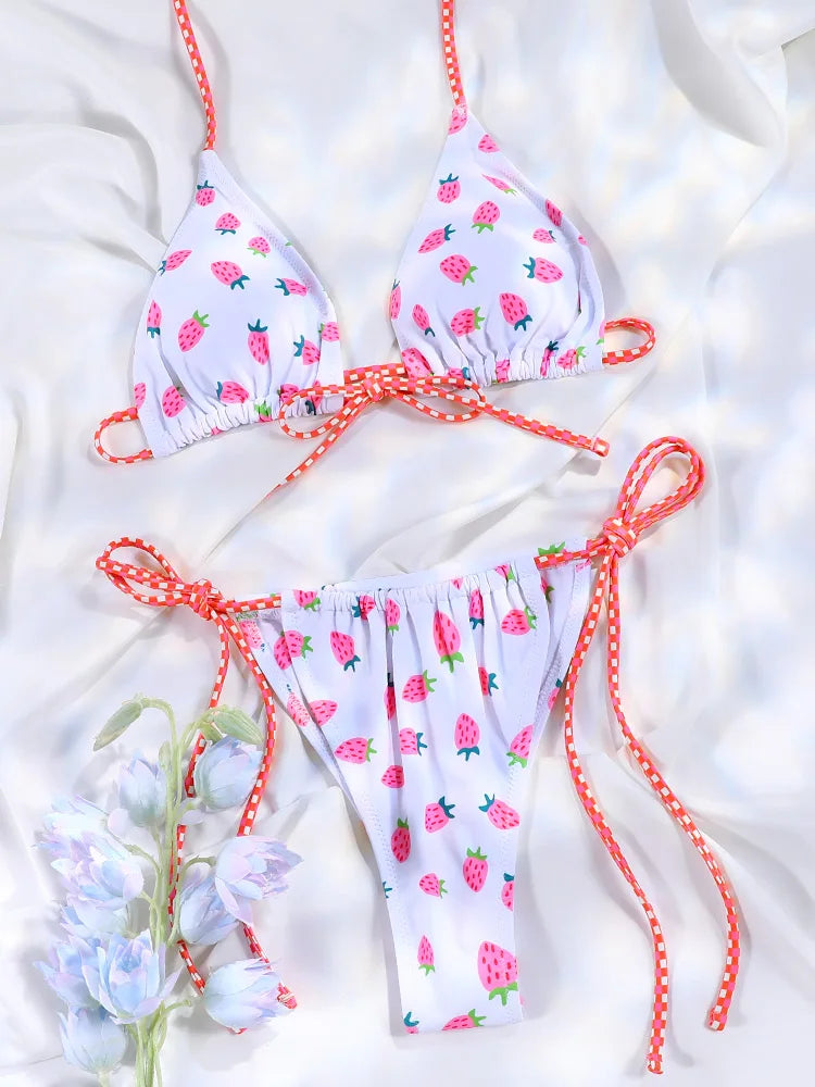 Floral Bow Pink Bikini Swimsuit For Women Low Waist Bandage Beachwear Chic Summer Bathing Suit