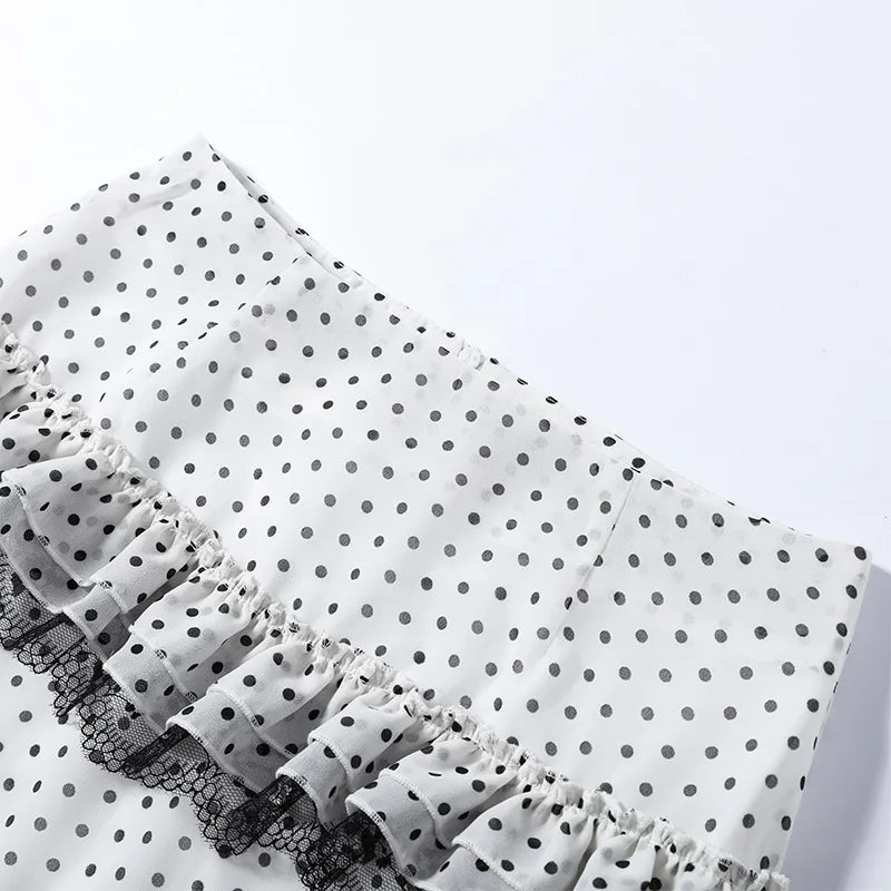 Polka Dot Chic Set With V Neck Crop Top And Ruffle Skirt