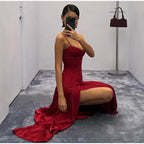 Slit Waist Cinching Evening Dress V Neck Sleeveless Slim Irregular Long