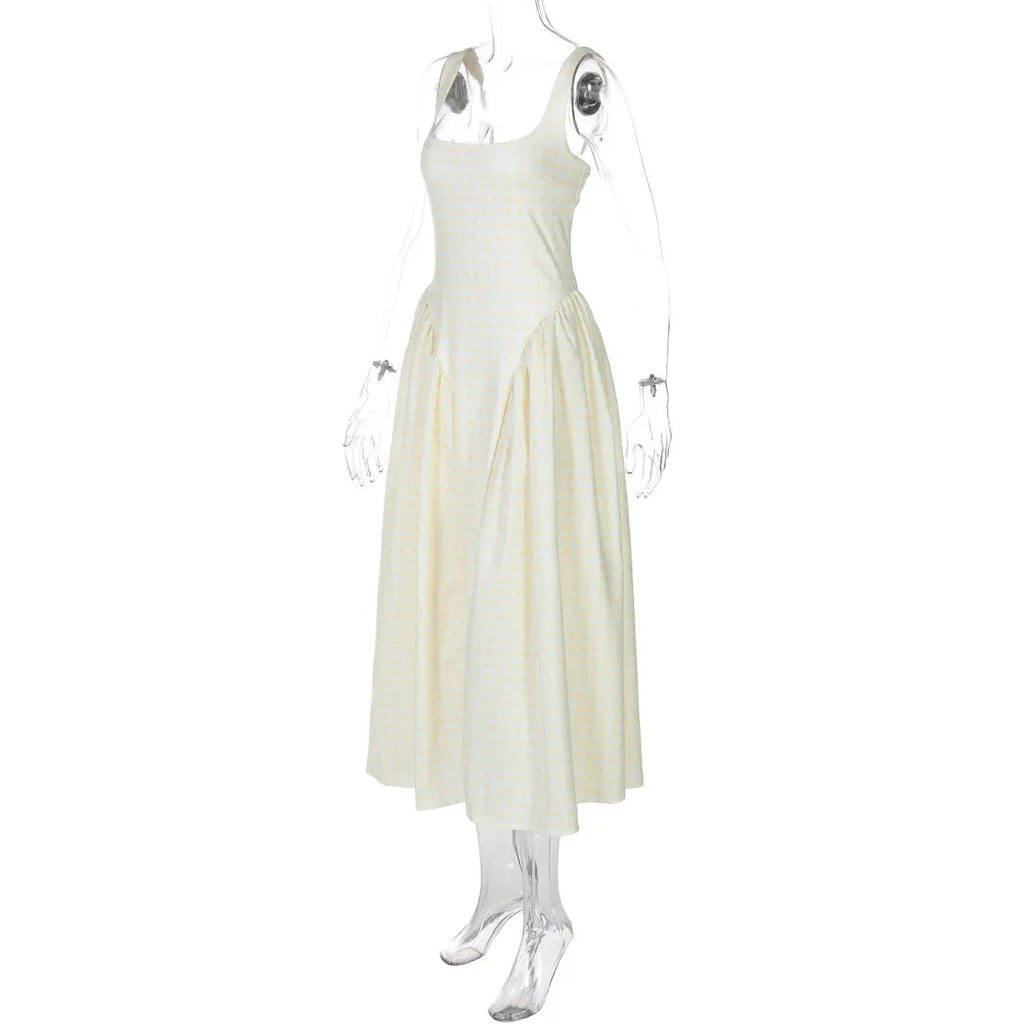 Gingham Square Neck A-Line Midi Dress With Pockets