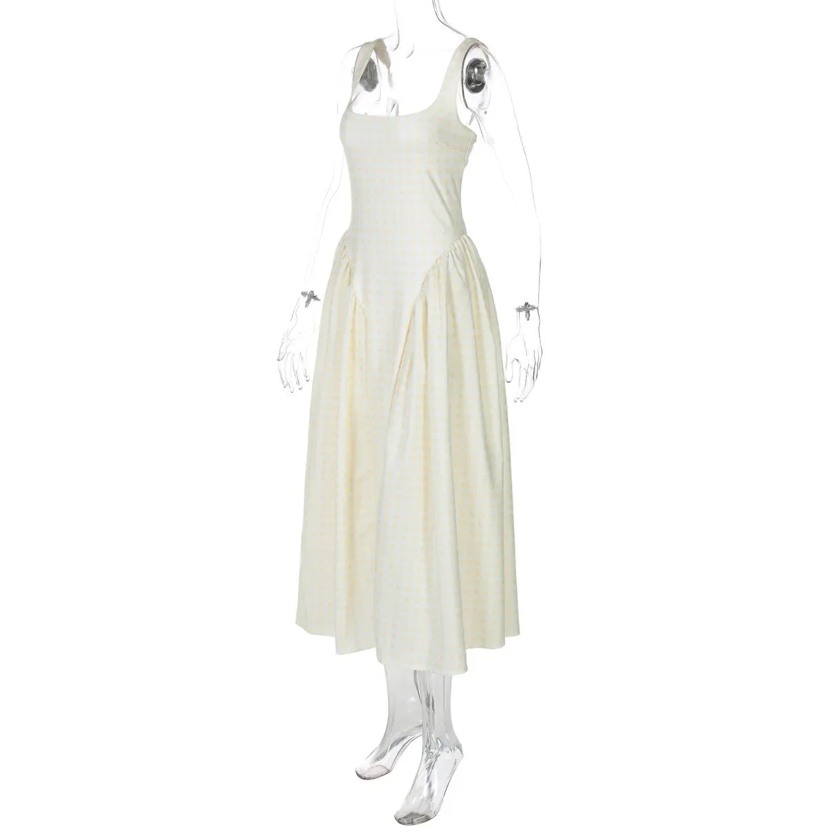 Gingham Square Neck A-Line Midi Dress With Pockets