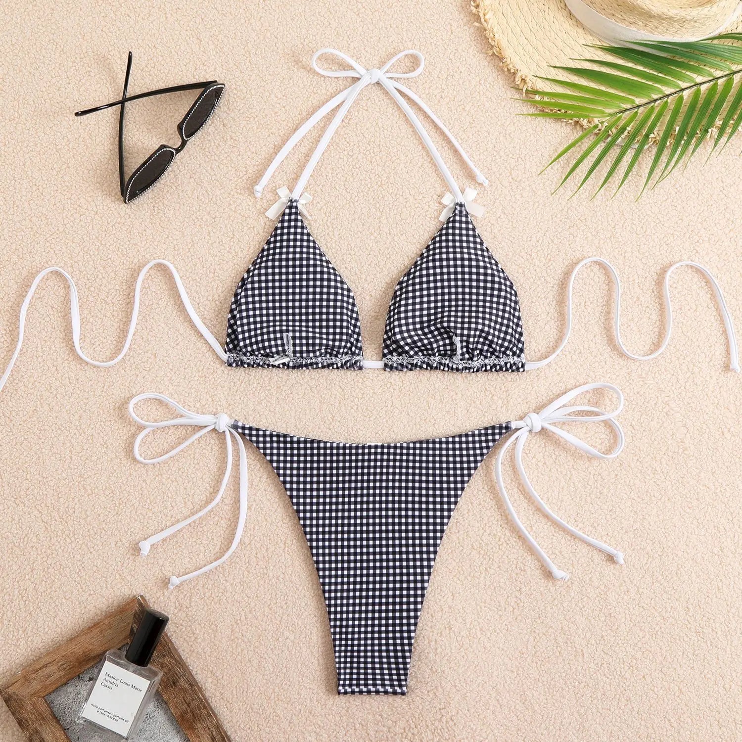 Plaid Dot Swimsuit With Neck Bow Tie Vintage Beachwear