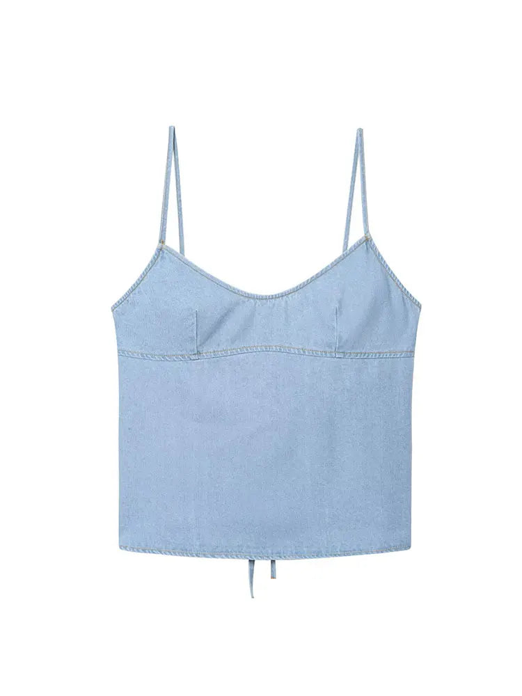 Two-piece Set For Women With Backless Top And Casual Cowboy Pants Ensemble