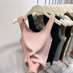 Knitted Strap Top With Clavicle Square Collar