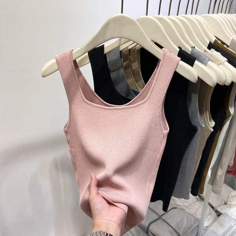 Knitted Strap Top With Clavicle Square Collar