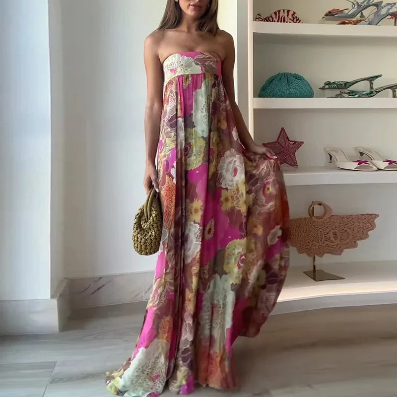 Off Shoulder Pleated Long Party Dress With Print