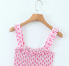 Flower Print Corset Ruched Elastic Body Sling Mini Square Collar Ruffles Hem Dress