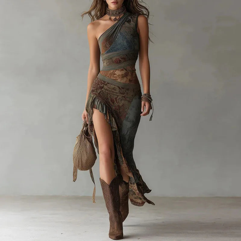 One Shoulder Boho Maxi Dress With Retro Print And Ruched High Split