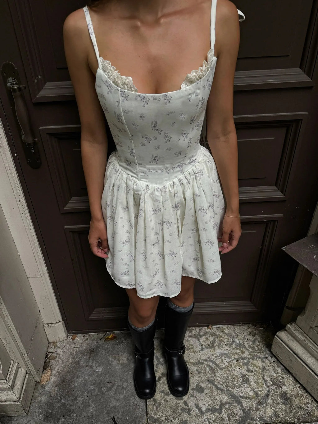 Floral Square Neck Sleeveless Bodycon Pleated Mini Dress