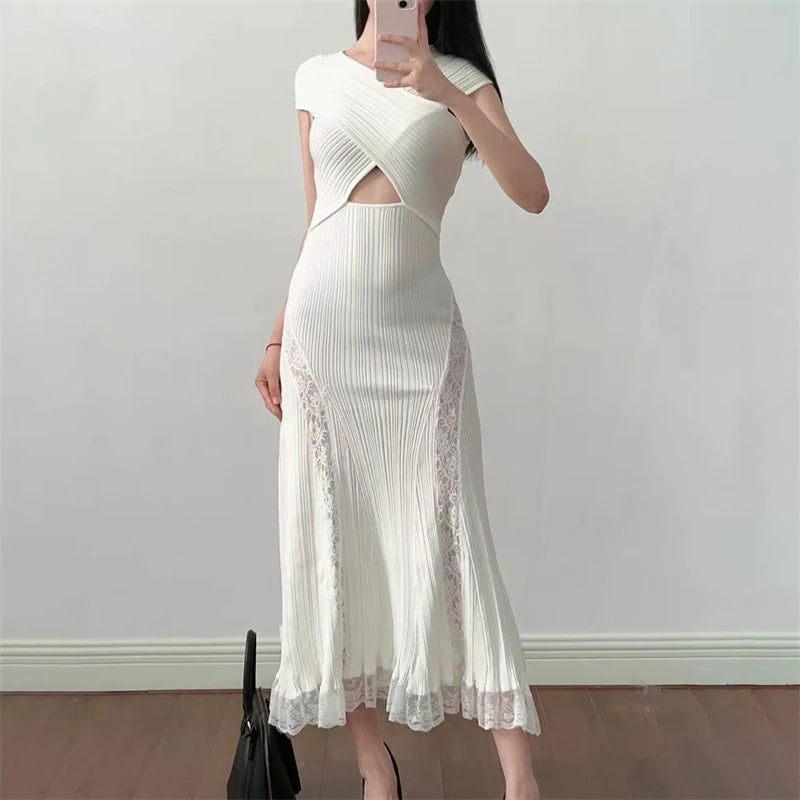 Lace Collar Splice Dress Slimming Fish Tail Gown