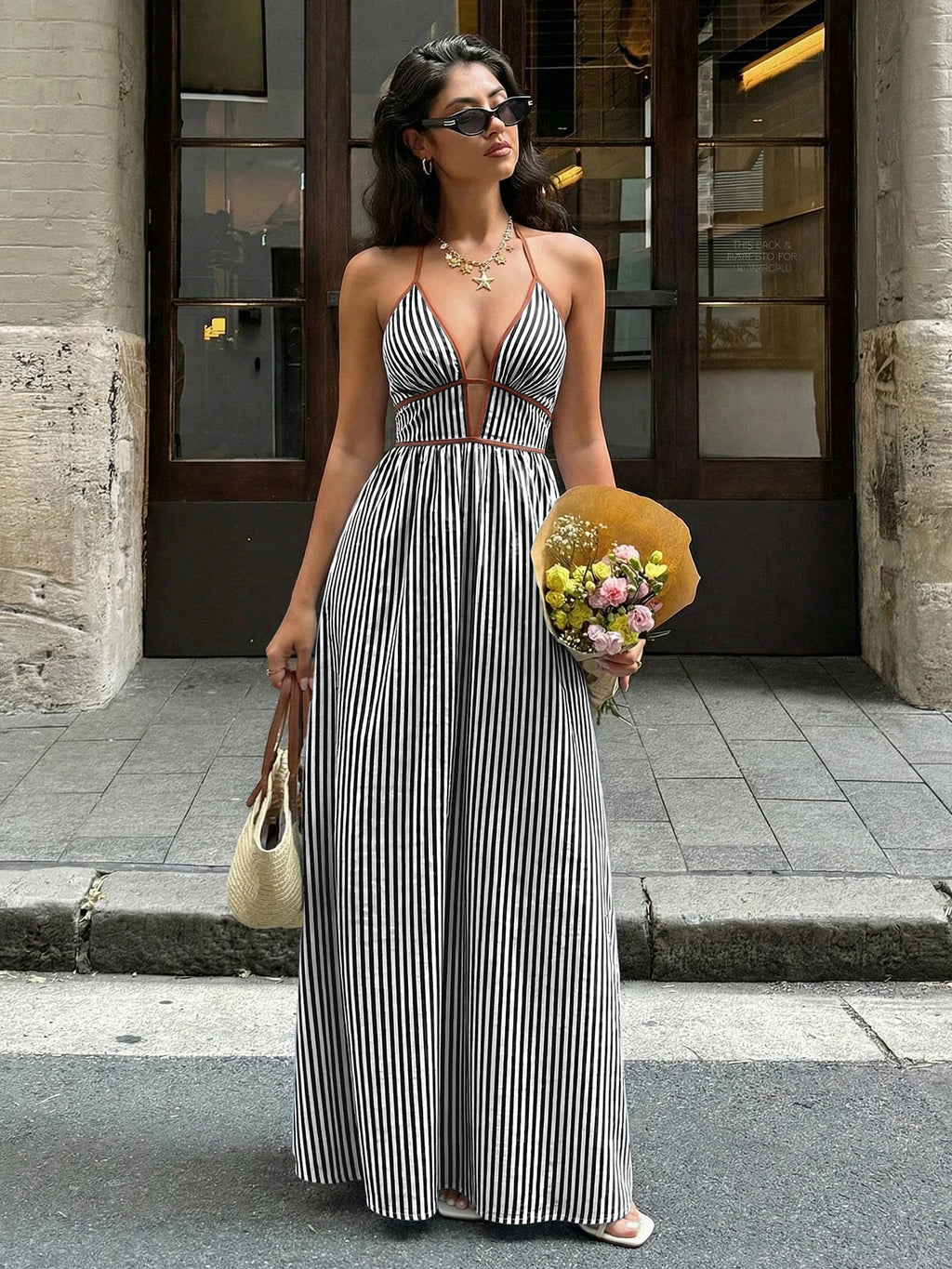 Sea Breeze Striped Deep V Beach Dress With Backless Sleeveless Maxi