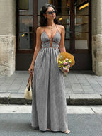 Sea Breeze Striped Deep V Beach Dress With Backless Sleeveless Maxi